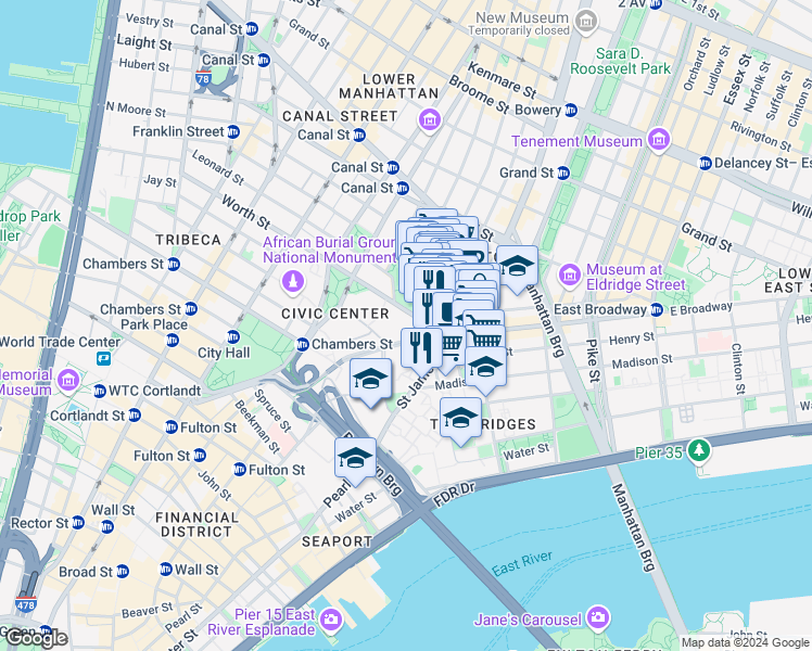 map of restaurants, bars, coffee shops, grocery stores, and more near 215 Park Row in New York