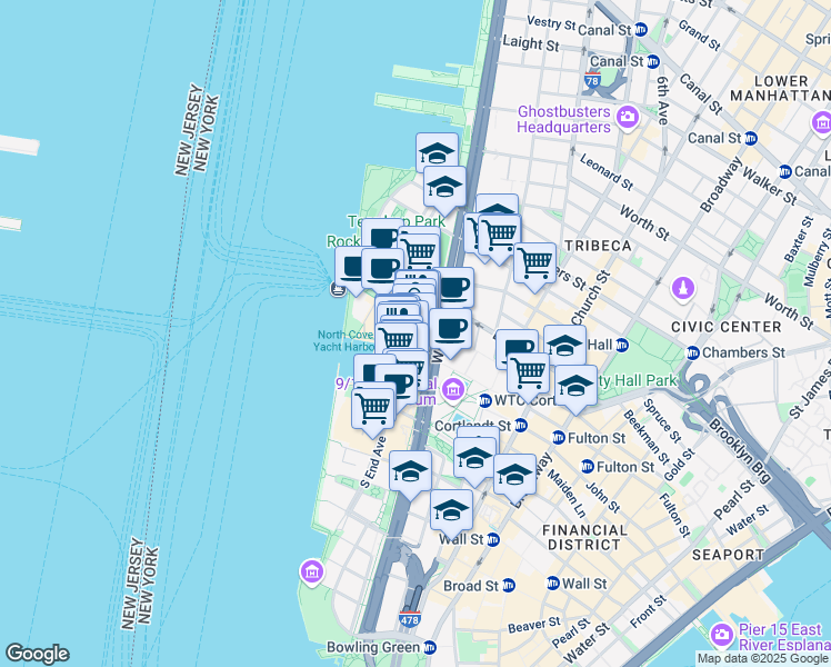 map of restaurants, bars, coffee shops, grocery stores, and more near 225 Liberty Street in New York