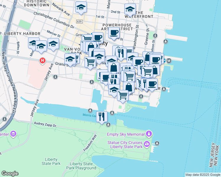 map of restaurants, bars, coffee shops, grocery stores, and more near in Jersey City