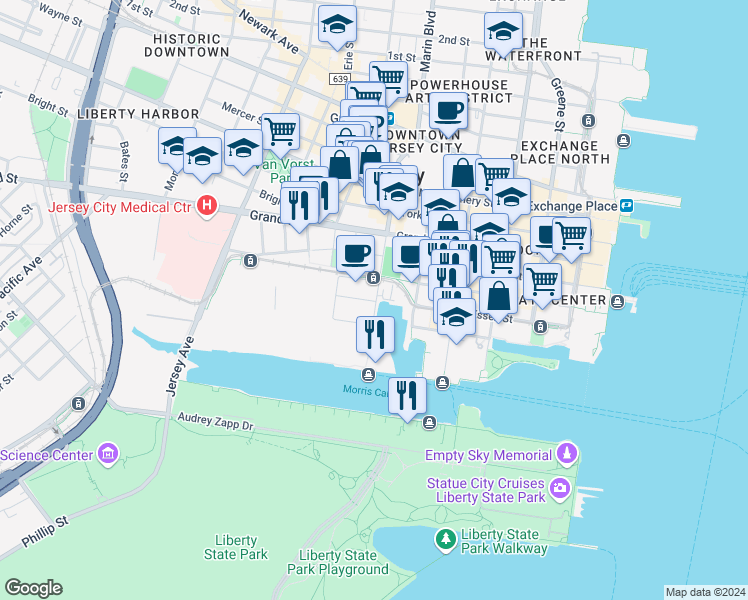 map of restaurants, bars, coffee shops, grocery stores, and more near 130 Marin Boulevard in Jersey City