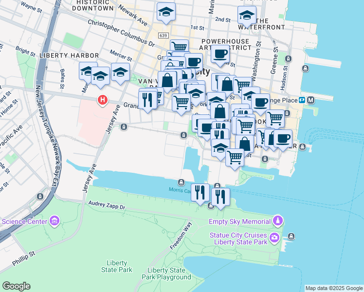 map of restaurants, bars, coffee shops, grocery stores, and more near 130 Marin Boulevard in Jersey City