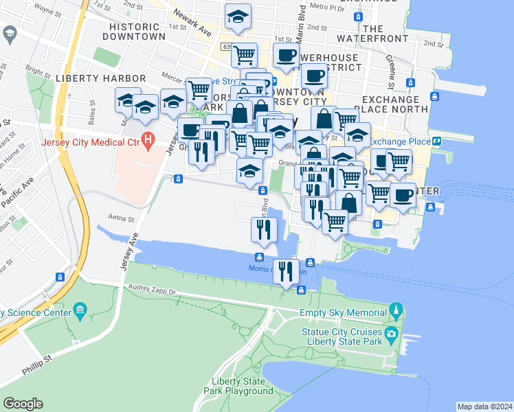 map of restaurants, bars, coffee shops, grocery stores, and more near 130 Marin Boulevard in Jersey City