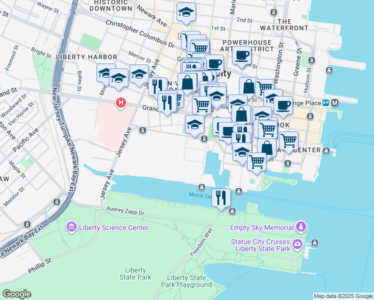 map of restaurants, bars, coffee shops, grocery stores, and more near 33 Park View Avenue in Jersey City