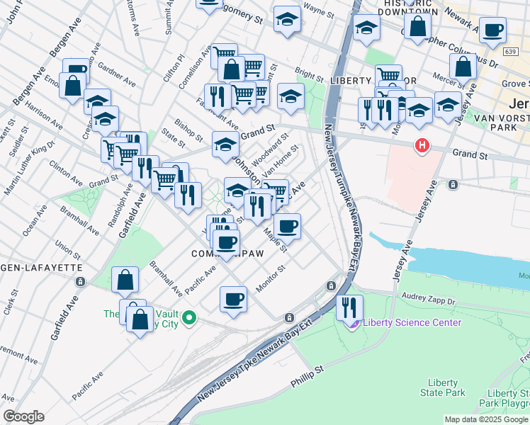 map of restaurants, bars, coffee shops, grocery stores, and more near 361 Whiton Street in Jersey City