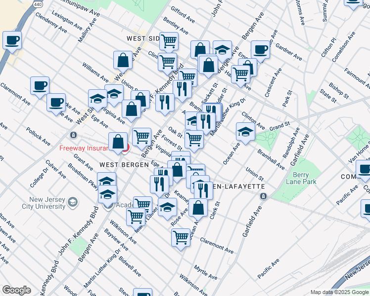 map of restaurants, bars, coffee shops, grocery stores, and more near 315 Forrest Street in Jersey City