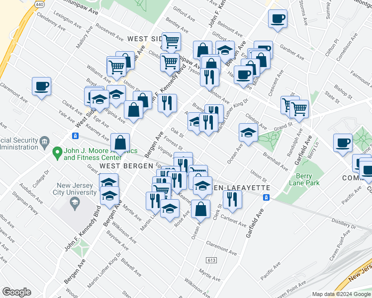 map of restaurants, bars, coffee shops, grocery stores, and more near 315 Forrest Street in Jersey City