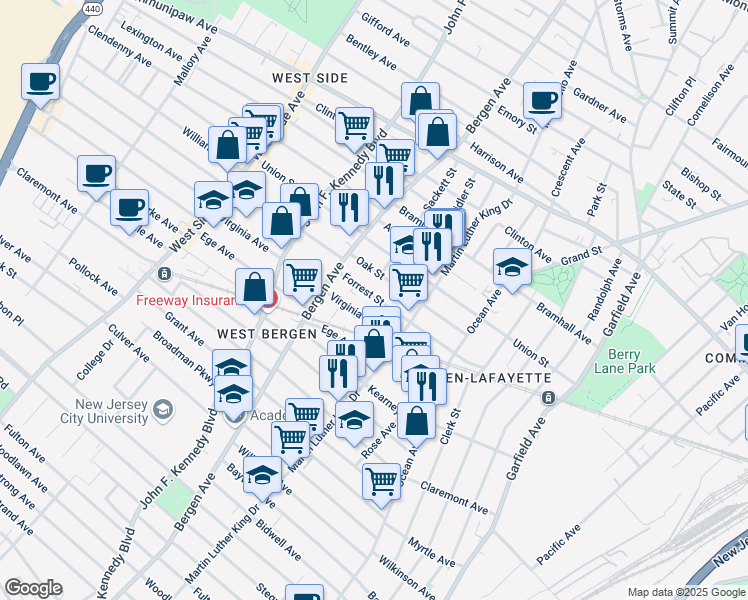 map of restaurants, bars, coffee shops, grocery stores, and more near 95 Virginia Avenue in Jersey City