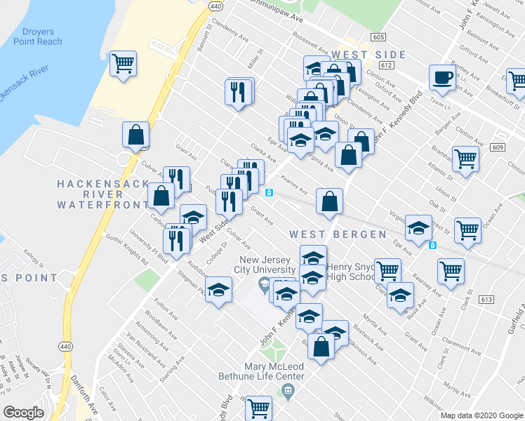 map of restaurants, bars, coffee shops, grocery stores, and more near 74 Broadman Parkway in Jersey City