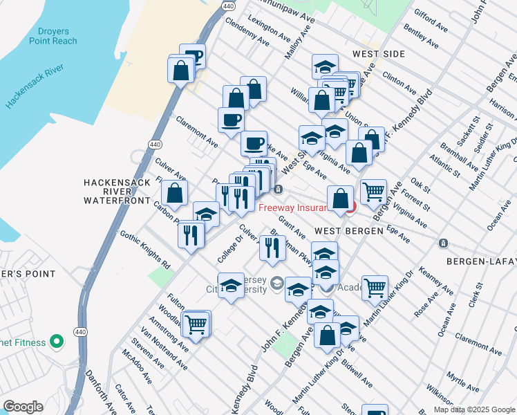 map of restaurants, bars, coffee shops, grocery stores, and more near 322 West Side Avenue in Jersey City