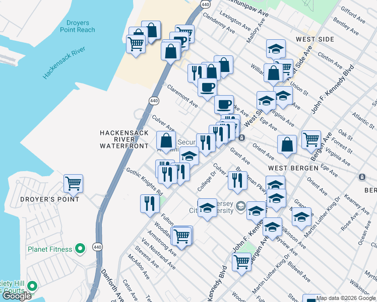 map of restaurants, bars, coffee shops, grocery stores, and more near 27 Fisk Street in Jersey City
