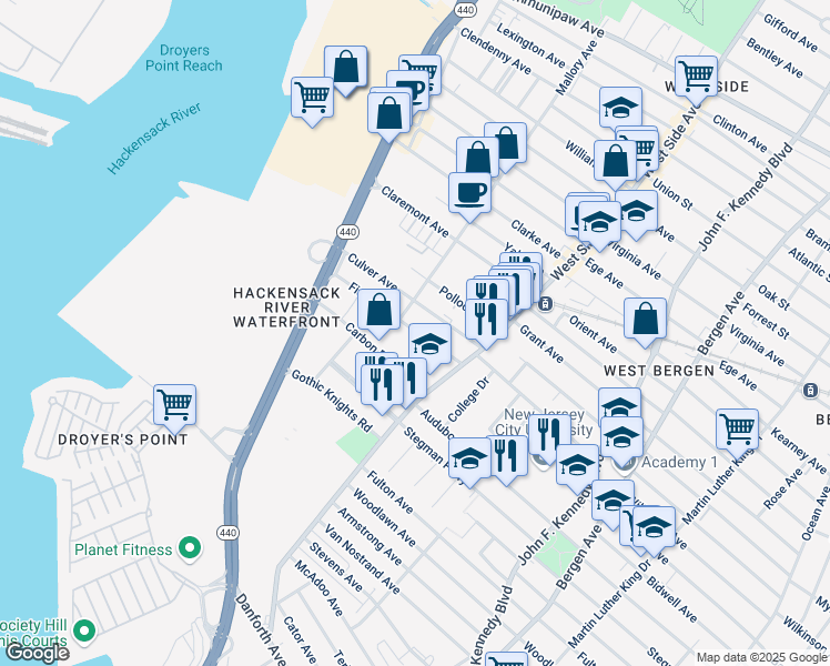 map of restaurants, bars, coffee shops, grocery stores, and more near 27 Fisk Street in Jersey City