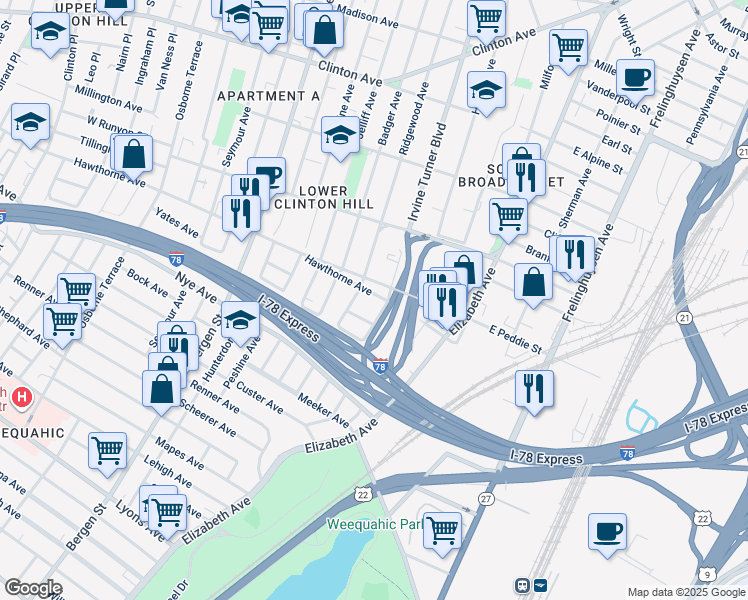 map of restaurants, bars, coffee shops, grocery stores, and more near 598 Irvine Turner Boulevard in Newark