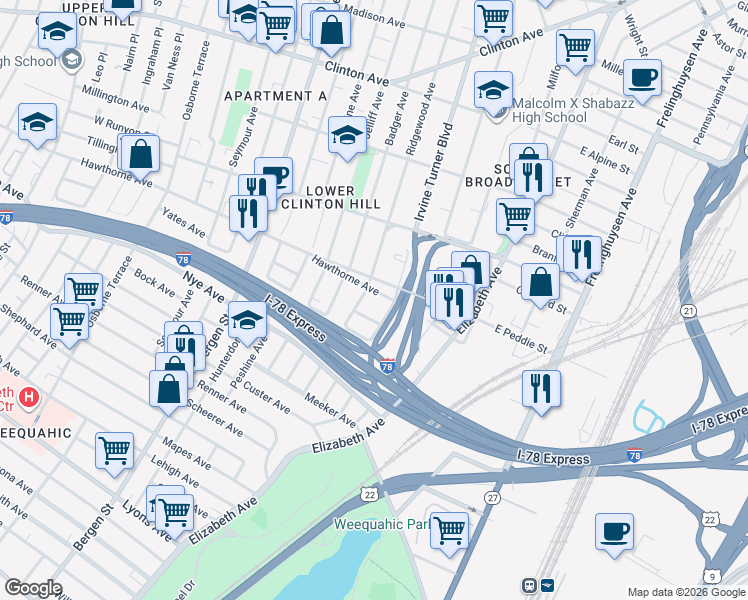 map of restaurants, bars, coffee shops, grocery stores, and more near 598 Irvine Turner Boulevard in Newark