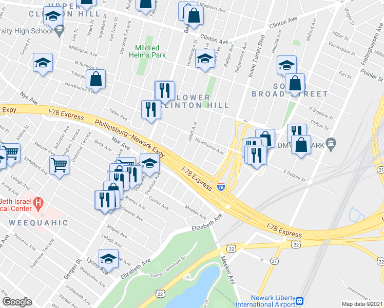 map of restaurants, bars, coffee shops, grocery stores, and more near 303 Ridgewood Avenue in Newark