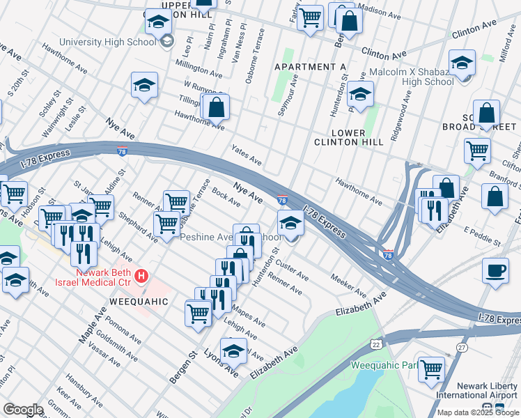 map of restaurants, bars, coffee shops, grocery stores, and more near 384-386 Chadwick Avenue in Newark