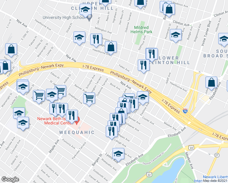 map of restaurants, bars, coffee shops, grocery stores, and more near 207 Custer Avenue in Newark