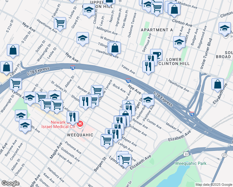 map of restaurants, bars, coffee shops, grocery stores, and more near 207 Custer Avenue in Newark