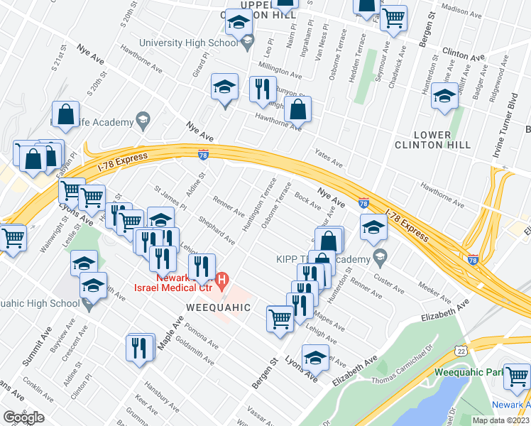 map of restaurants, bars, coffee shops, grocery stores, and more near 249 Renner Avenue in Newark
