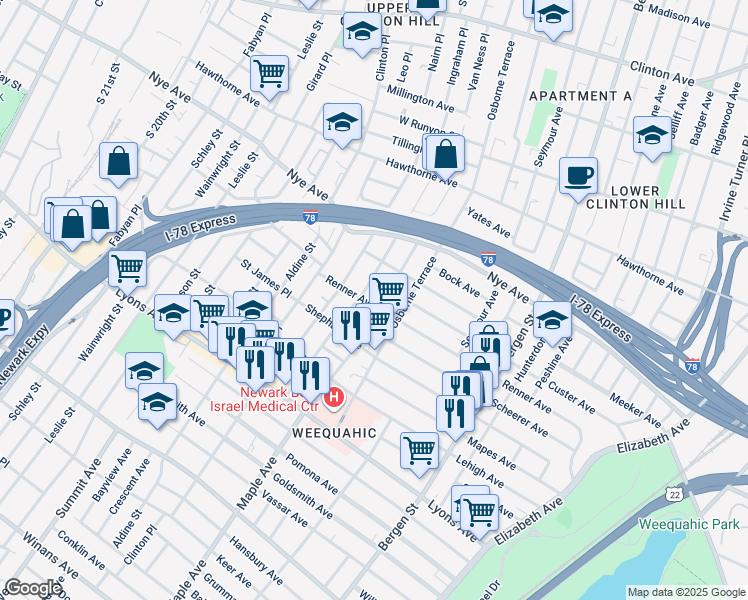 map of restaurants, bars, coffee shops, grocery stores, and more near 133 Huntington Terrace in Newark