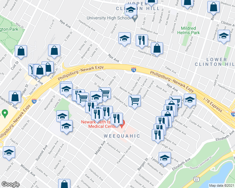 map of restaurants, bars, coffee shops, grocery stores, and more near in Newark