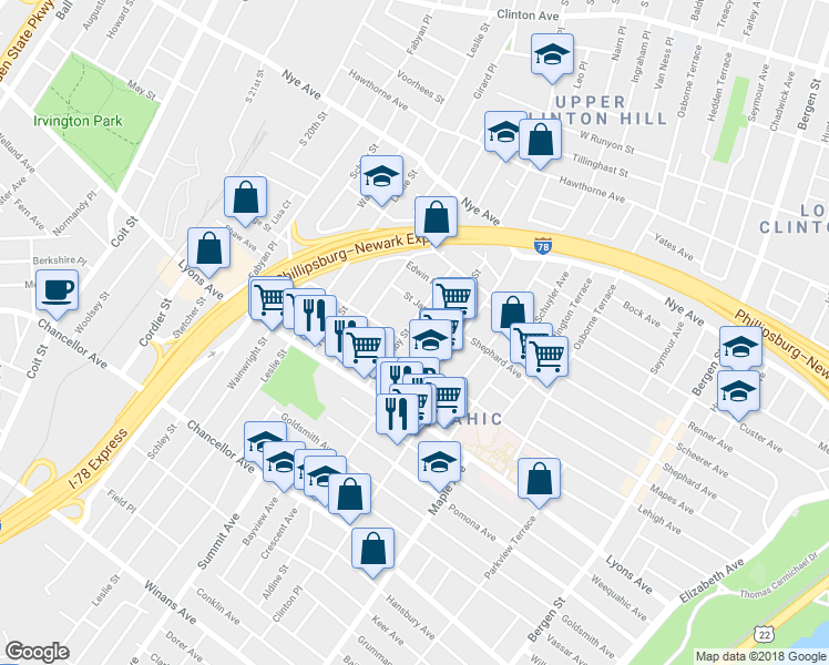 map of restaurants, bars, coffee shops, grocery stores, and more near 85 Aldine Street in Newark