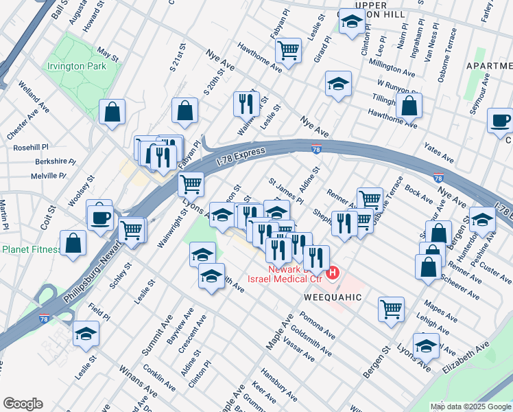 map of restaurants, bars, coffee shops, grocery stores, and more near 87 Willoughby Street in Newark