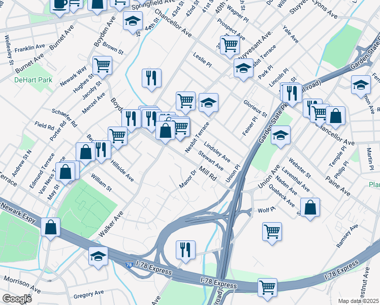 map of restaurants, bars, coffee shops, grocery stores, and more near 58 Mill Road in Irvington