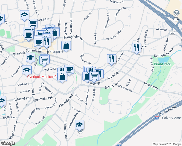 map of restaurants, bars, coffee shops, grocery stores, and more near 96 Park Avenue in Summit