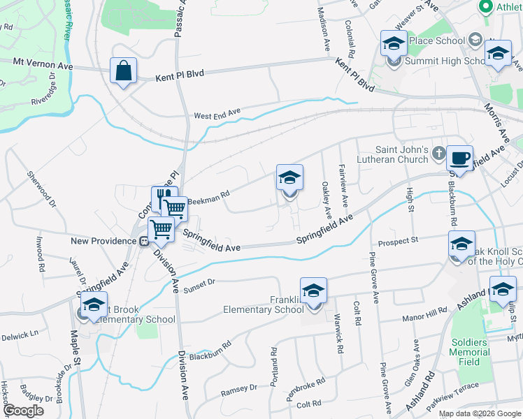 map of restaurants, bars, coffee shops, grocery stores, and more near 13 Hillview Terrace in Summit