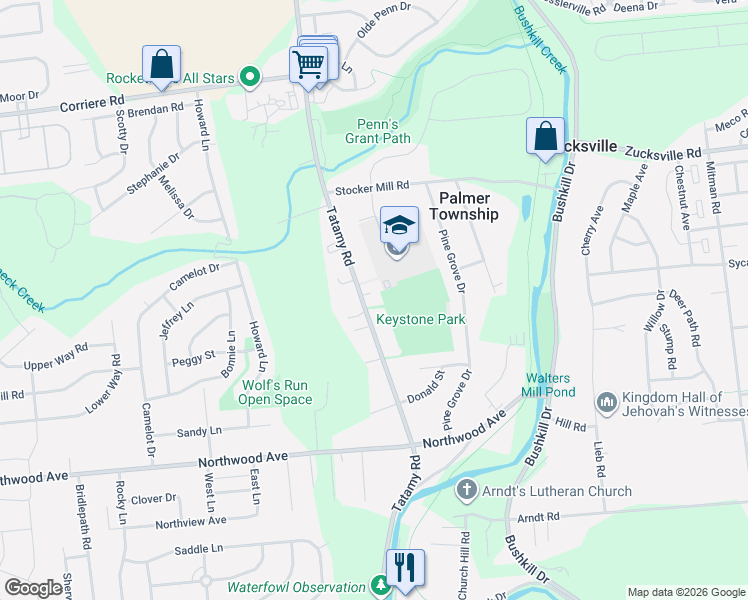 map of restaurants, bars, coffee shops, grocery stores, and more near 1232 Tatamy Road in Easton