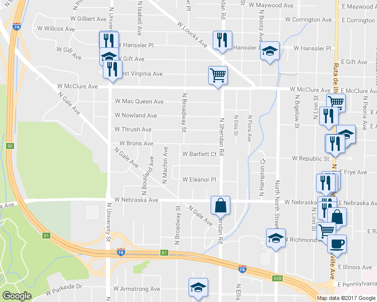 map of restaurants, bars, coffee shops, grocery stores, and more near 2100-2116 North Broadway Street in Peoria