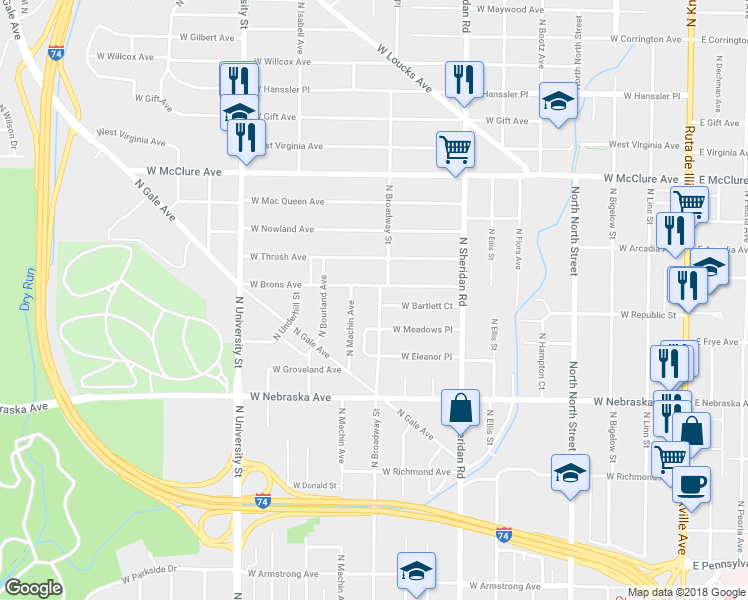 map of restaurants, bars, coffee shops, grocery stores, and more near 2100 North Broadway Street in Peoria