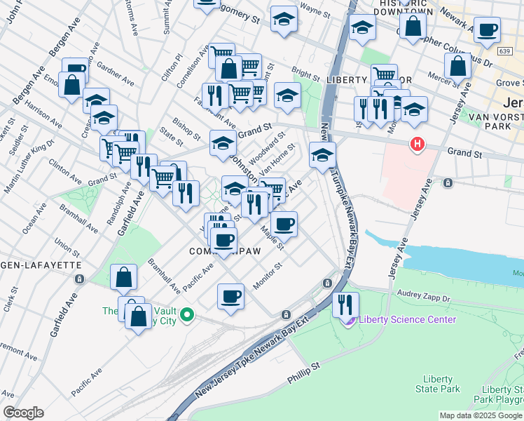 map of restaurants, bars, coffee shops, grocery stores, and more near 361 Whiton Street in Jersey City