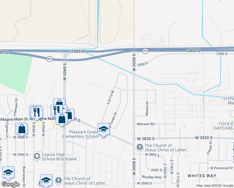 map of restaurants, bars, coffee shops, grocery stores, and more near 8088 Emerson Circle in Magna