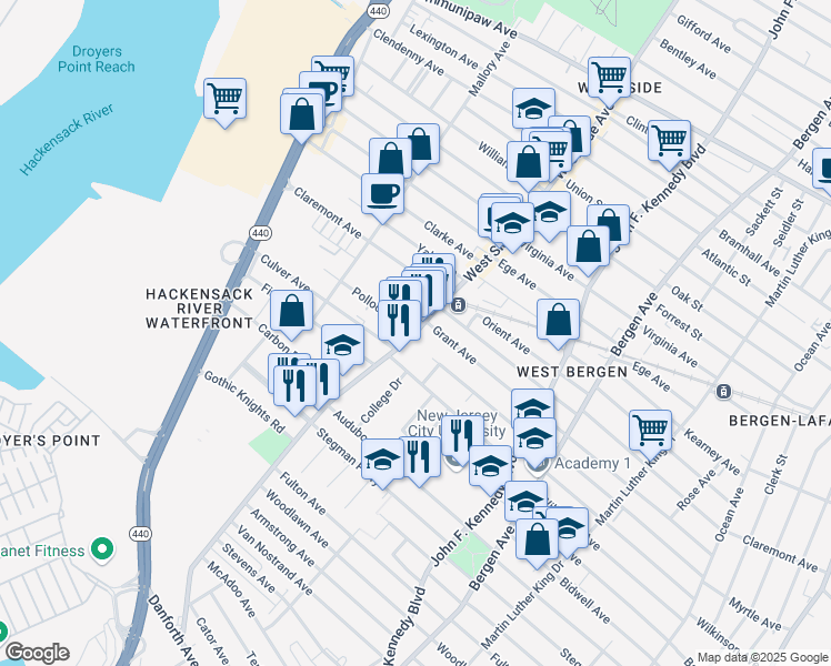 map of restaurants, bars, coffee shops, grocery stores, and more near West Side Ave & Pollock Ave in Jersey City