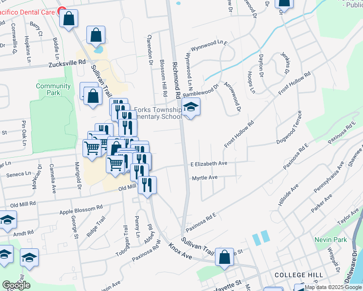 map of restaurants, bars, coffee shops, grocery stores, and more near 1520 State Route 2021 in Easton