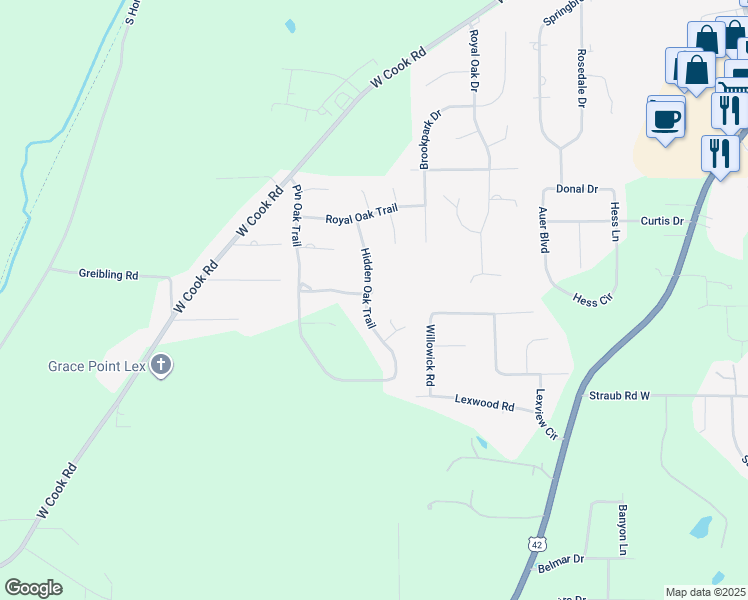 map of restaurants, bars, coffee shops, grocery stores, and more near 1673 Hidden Oak Trail in Mansfield