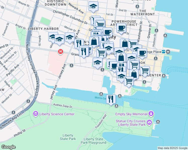 map of restaurants, bars, coffee shops, grocery stores, and more near 33 Park View Avenue in Jersey City