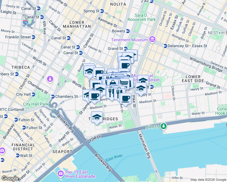 map of restaurants, bars, coffee shops, grocery stores, and more near 61 Henry Street in New York