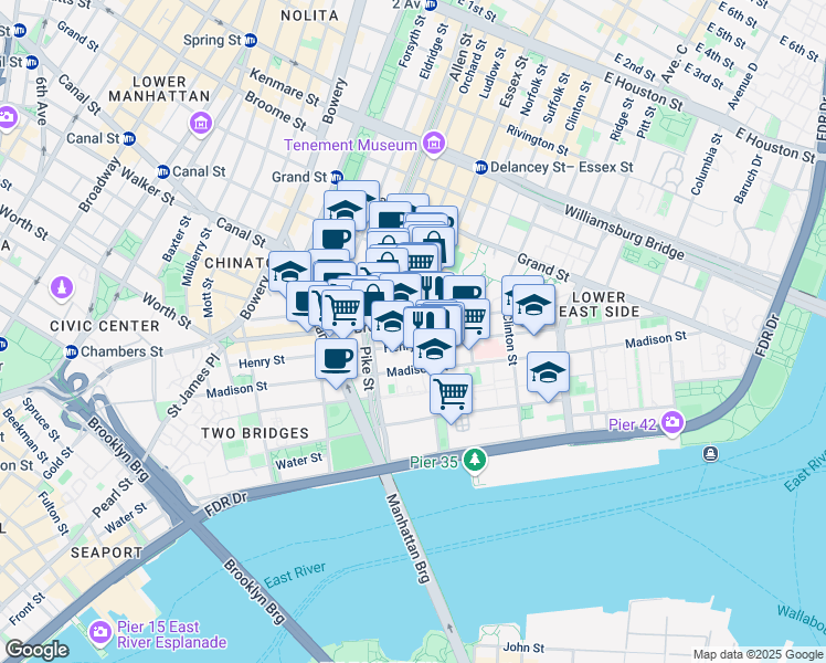 map of restaurants, bars, coffee shops, grocery stores, and more near 153 East Broadway in New York