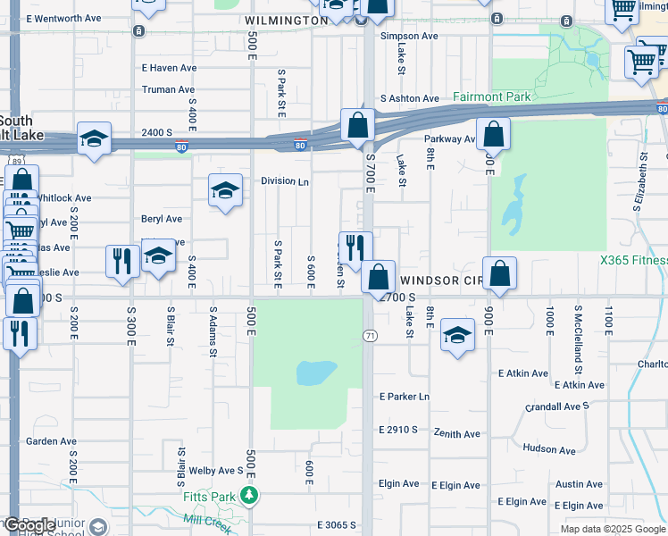 map of restaurants, bars, coffee shops, grocery stores, and more near 2614 Green Street East in Salt Lake City