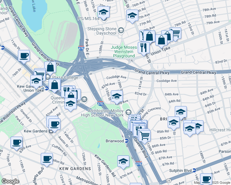 map of restaurants, bars, coffee shops, grocery stores, and more near 135-24 Hoover Avenue in Queens