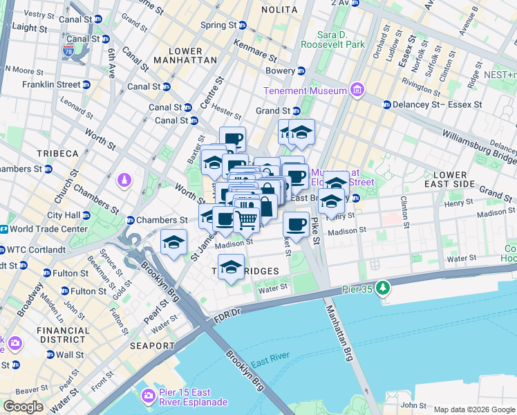 map of restaurants, bars, coffee shops, grocery stores, and more near 29 Henry Street in New York