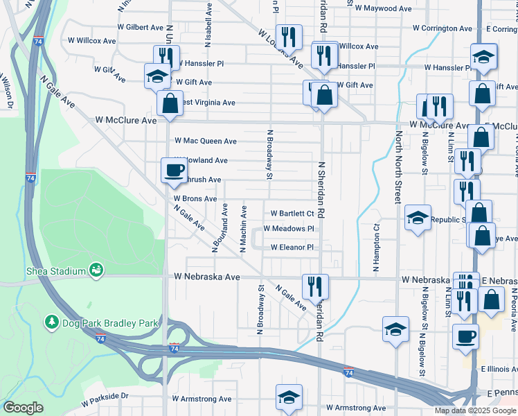 map of restaurants, bars, coffee shops, grocery stores, and more near 2100 North Broadway Street in Peoria