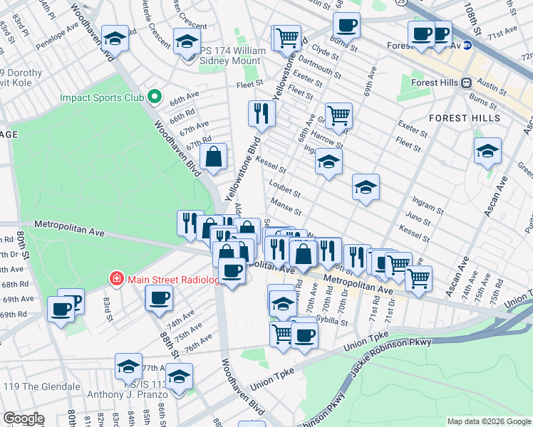 map of restaurants, bars, coffee shops, grocery stores, and more near 68-20 Selfridge Street in Queens
