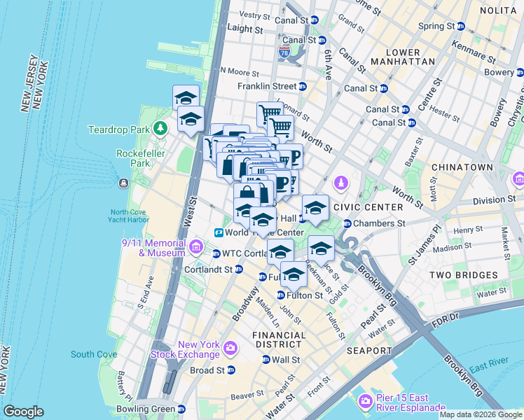 map of restaurants, bars, coffee shops, grocery stores, and more near 56 West Broadway in New York