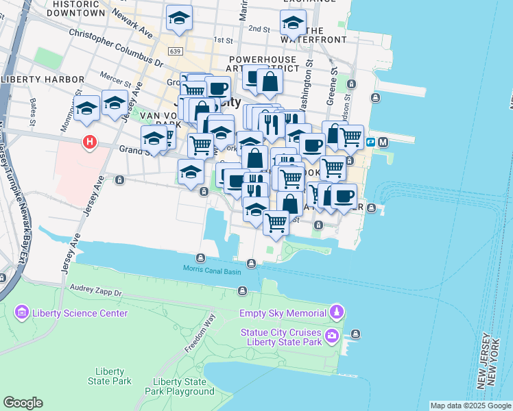 map of restaurants, bars, coffee shops, grocery stores, and more near 187 Warren Street in Jersey City