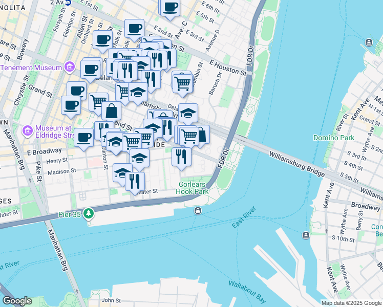 map of restaurants, bars, coffee shops, grocery stores, and more near 543 Madison Street in New York