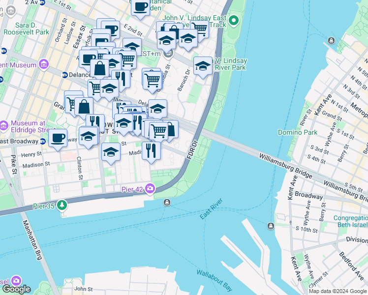 map of restaurants, bars, coffee shops, grocery stores, and more near 475 FDR Drive in New York