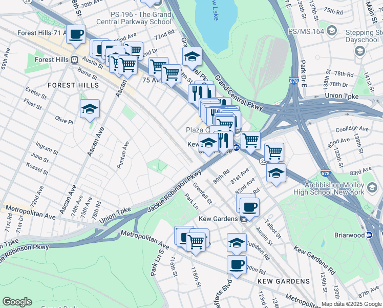map of restaurants, bars, coffee shops, grocery stores, and more near 77-34 Austin Street in Queens